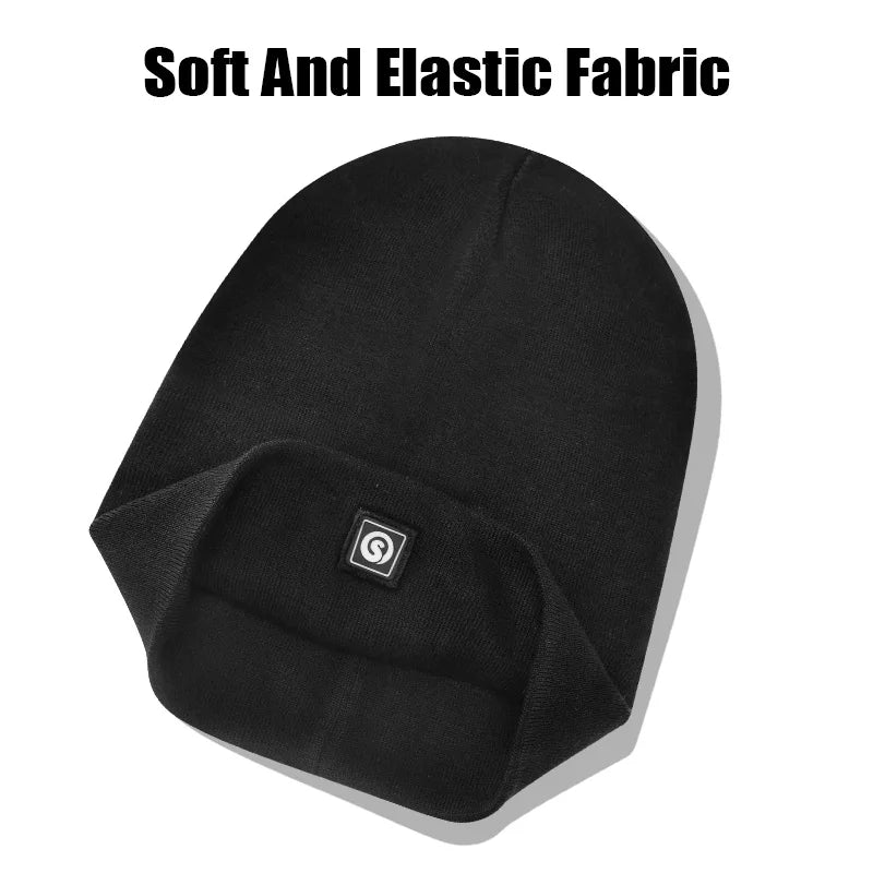 SNOW DEER rechargeable heated hat, black knit beanie with S And B Enterprise logo
