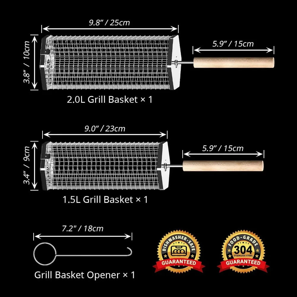 Rolling grill basket with wooden handle, 304 stainless steel, includes 2 baskets (2.0L and 1.5L) by S And B Enterprise.