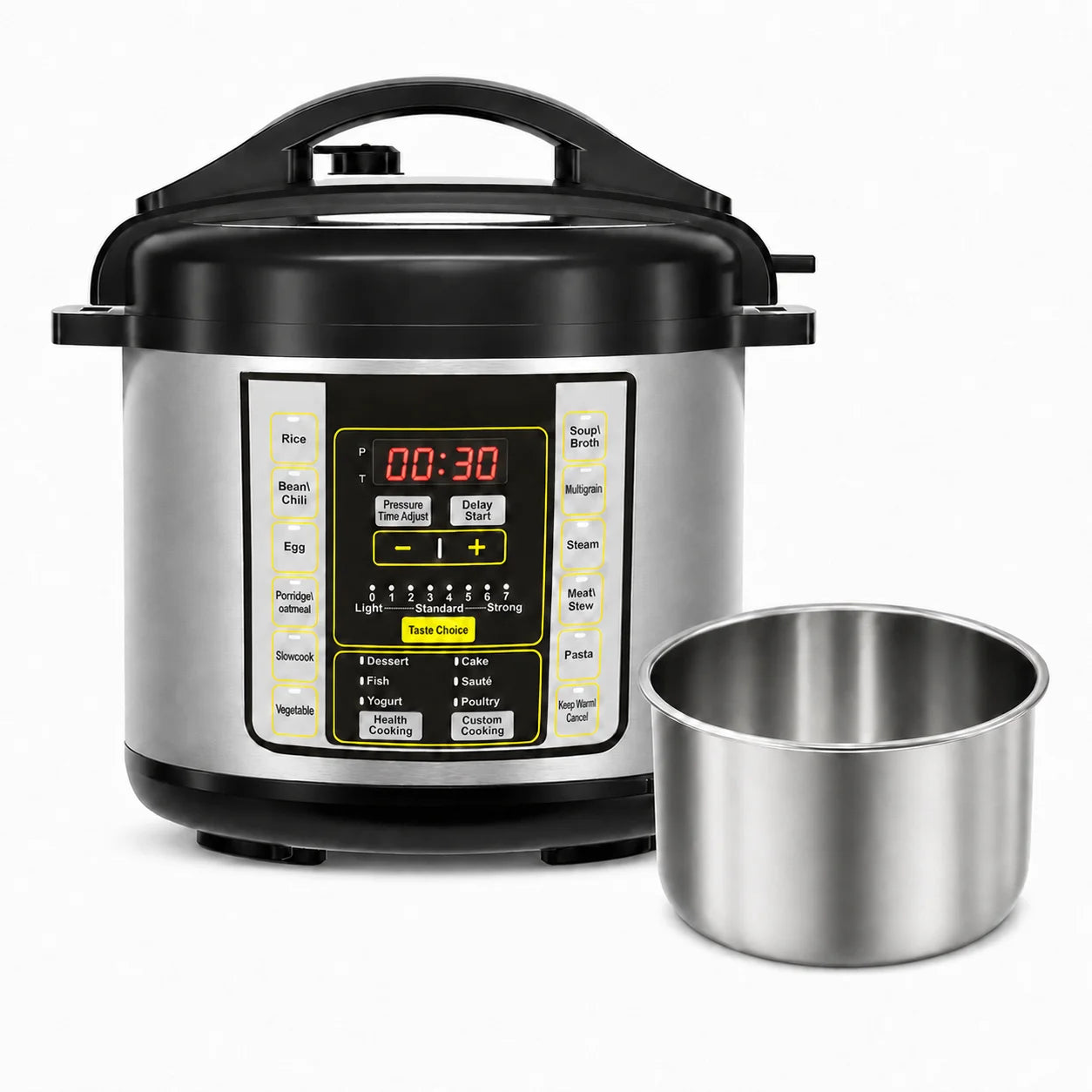 S And B Enterprise 6-qt stainless steel electric pressure cooker with black lid and digital control panel