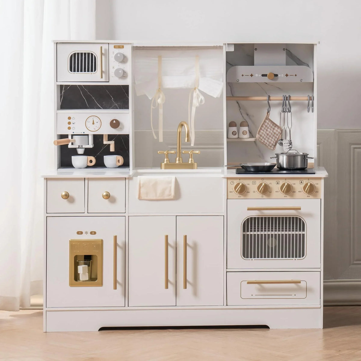 Robotime Robud wooden play kitchen in white with gold hardware; includes sink, microwave, oven, burner.
