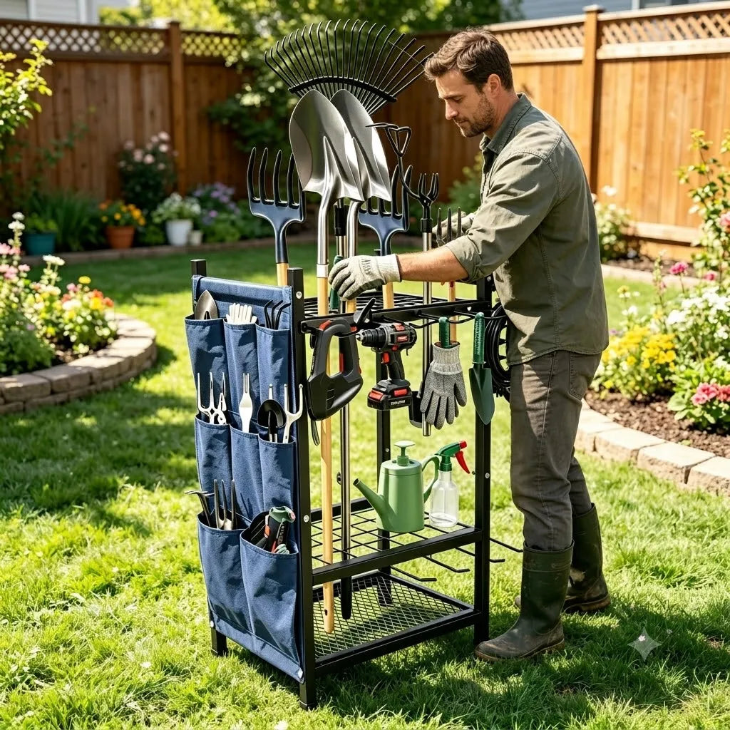 Garden tool storage organizer by S And B Enterprise; heavy-duty black metal freestanding rack with blue side pockets.