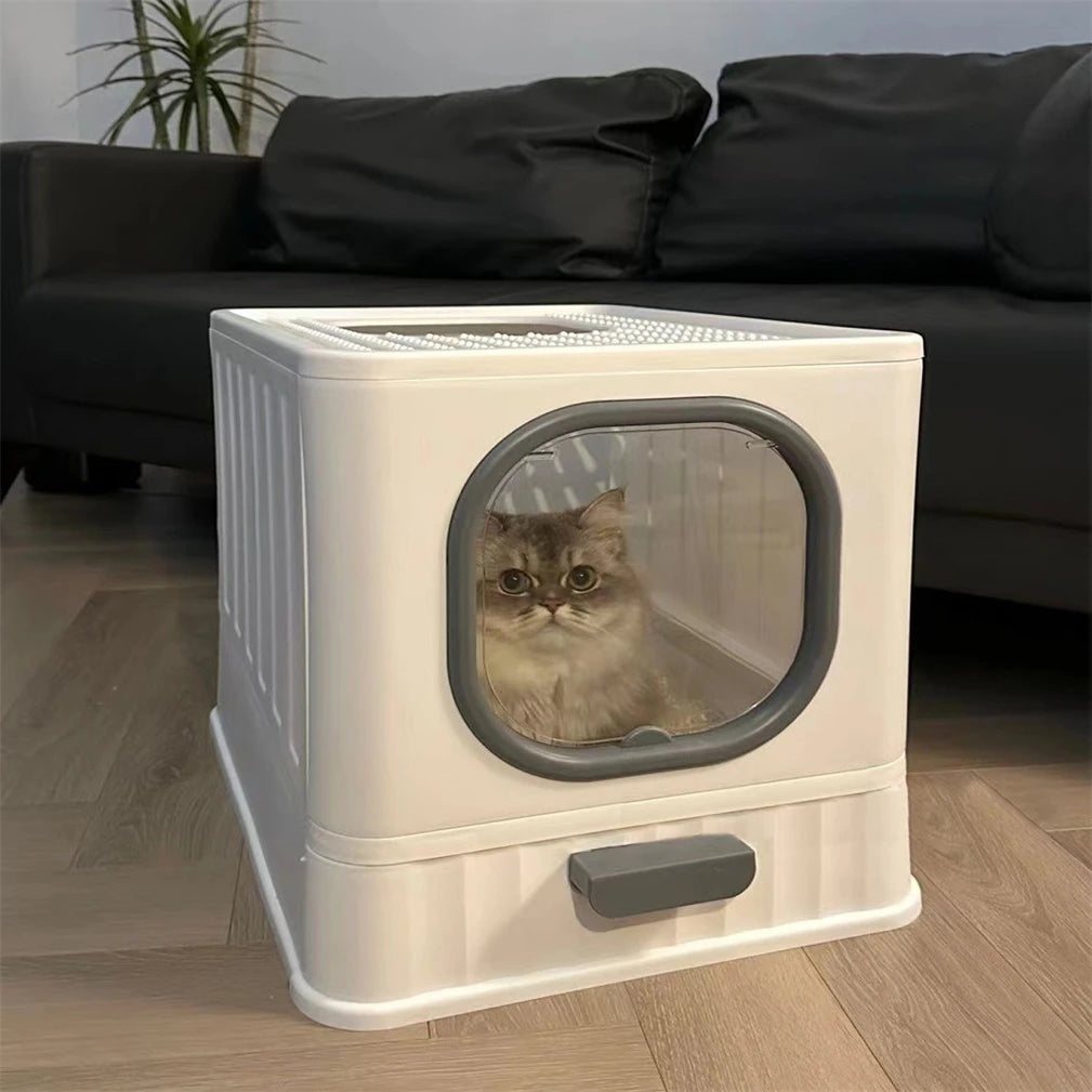 Leak-Proof Enclosed Cat Litter Box With Drawer Scoop Lid