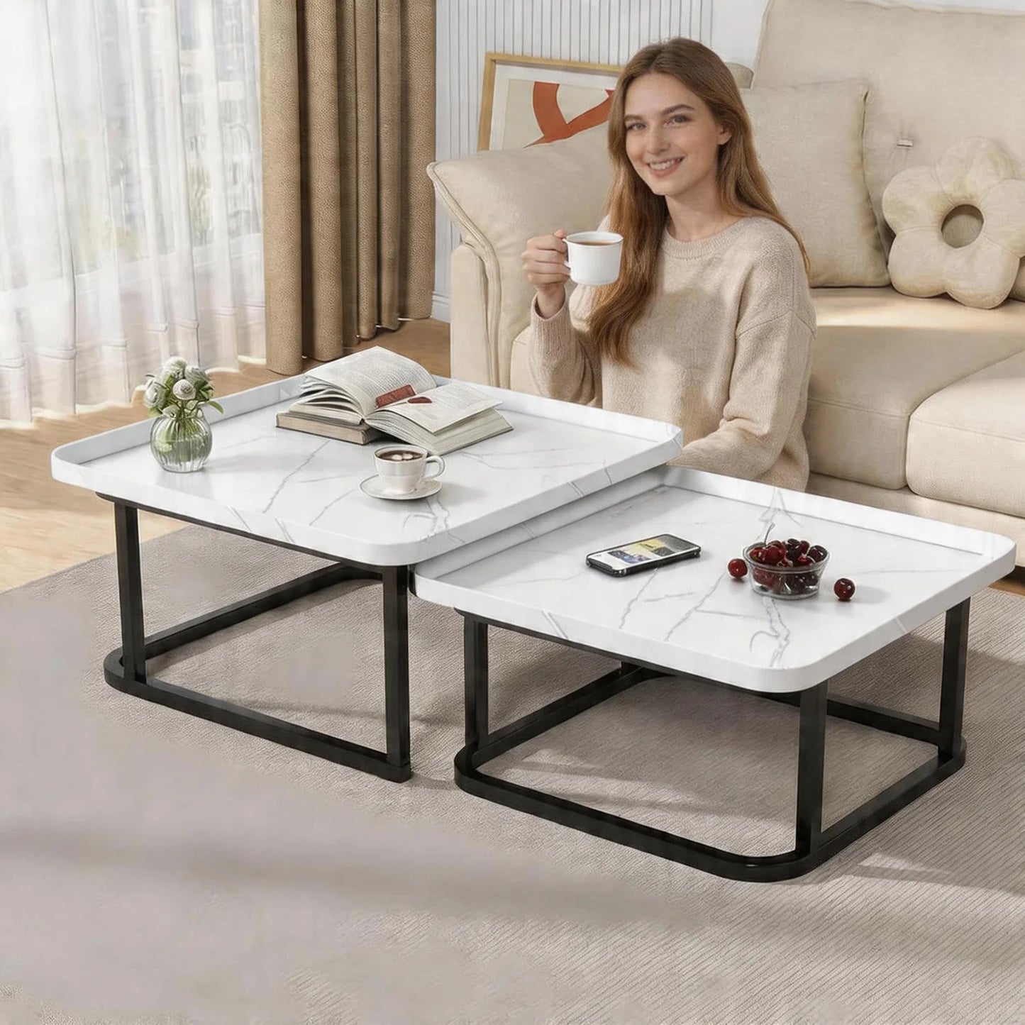 Square Nesting Coffee Tables Set Of 2, Space Saving Small End Table Set For Living Room Bedroom Balcony, Fluted Side Tables Set by S And B Enterprise
