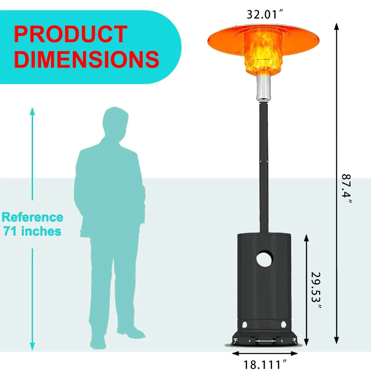 S And B Enterprise 48,000 BTU propane patio heater in black with wind-resistant design, removable wheels, round cover.