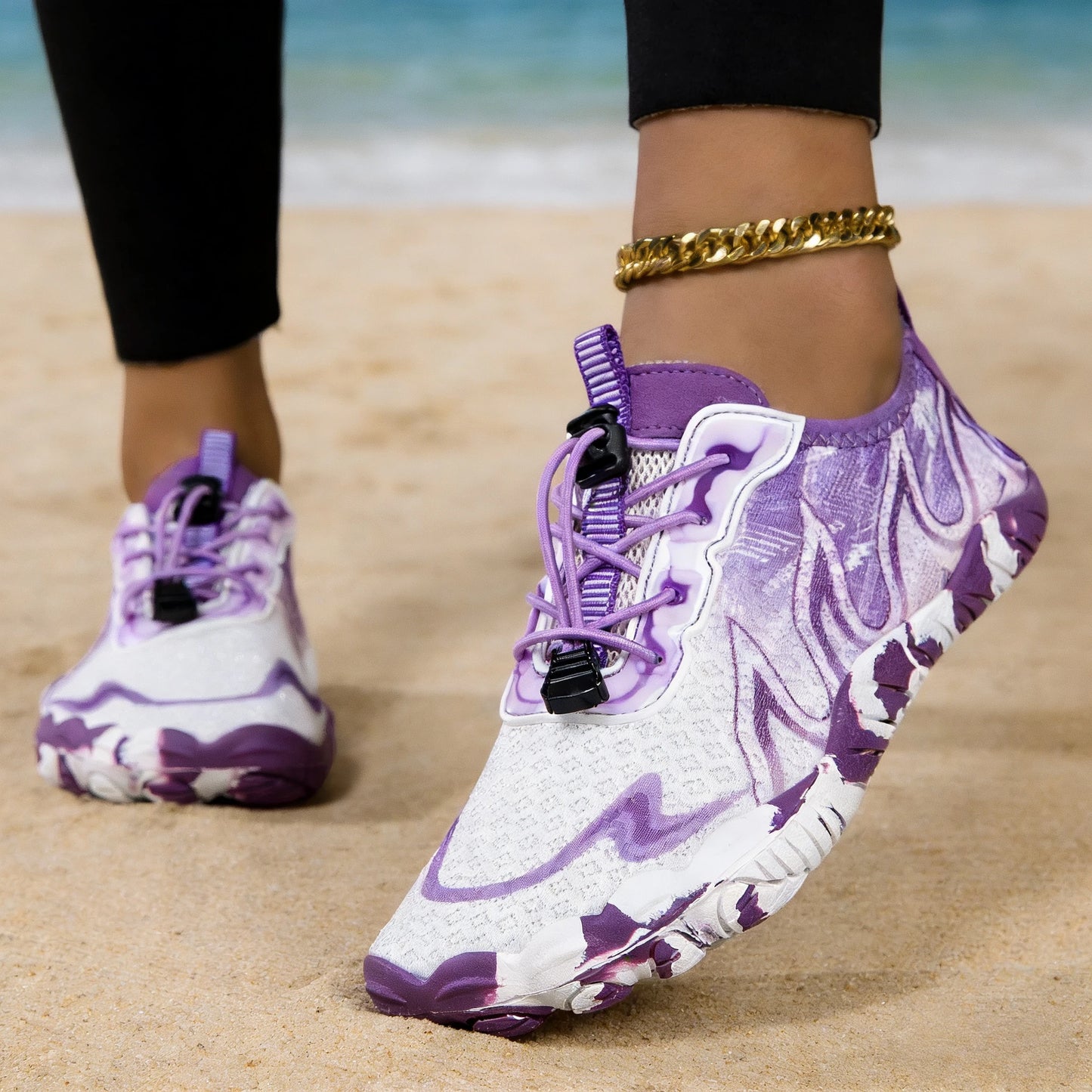 Women quick-dry barefoot water shoes in purple gradient print; breathable aqua sneakers.