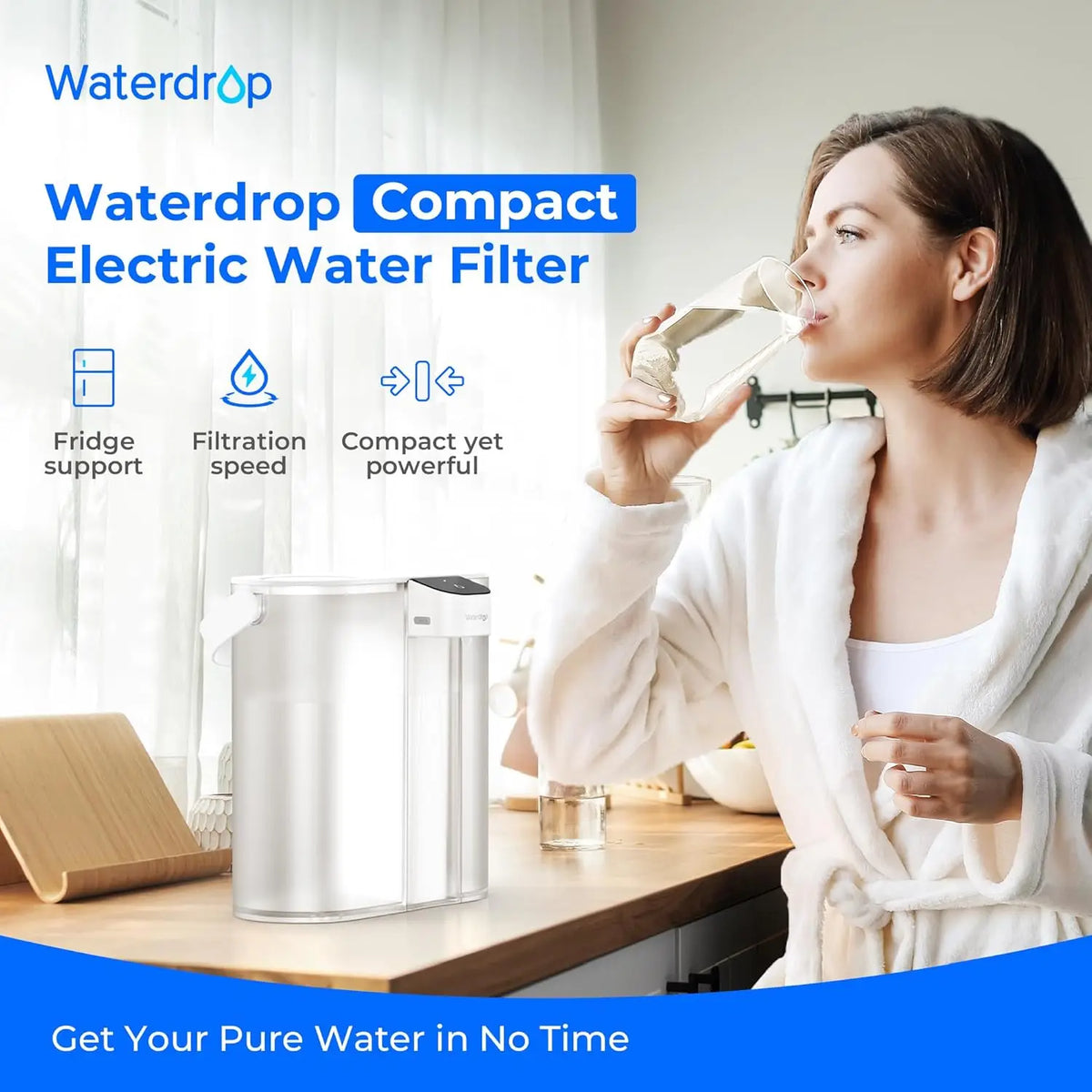 Waterdrop Compact Electric Water Filter Pitcher with white transparent body and Waterdrop branding.