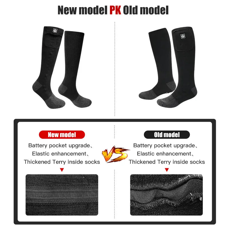Snow Deer black heated socks for men and women with rechargeable battery pocket; new model shown beside old model.
