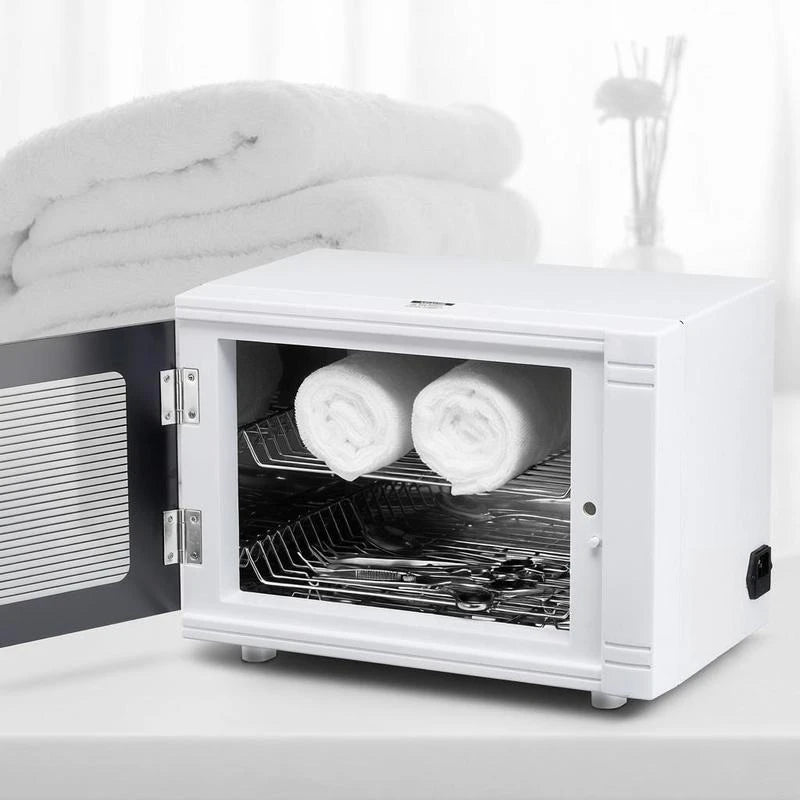 Nail tool cleaning machine by S And B Enterprise, white 12L cabinet with tempered glass door and timer, two towels inside