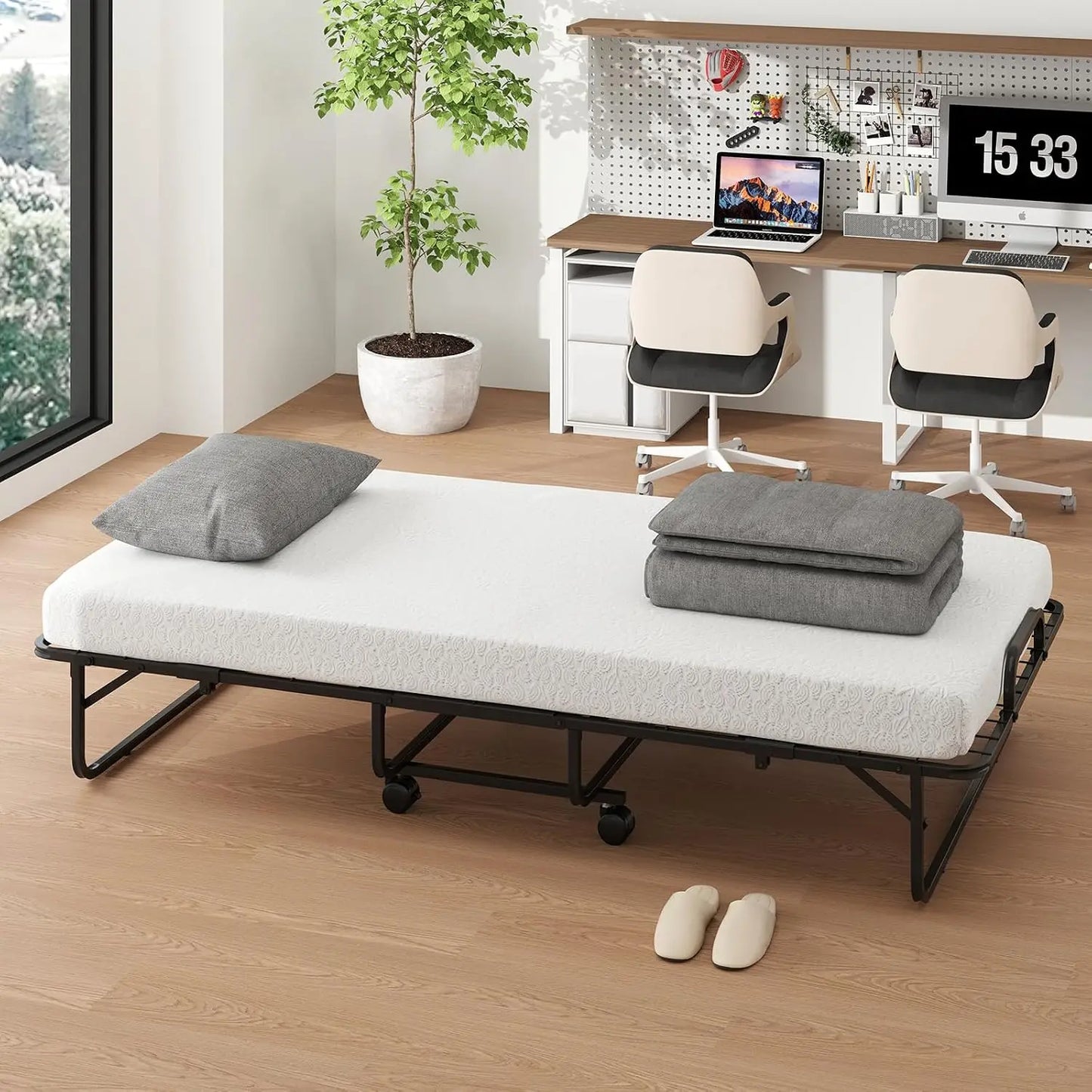 Twin Size Folding Bed with Mattress for Adults Space Saving Portable Rollaway Bed with Memory Foam Guest Bed , 75"x 38"