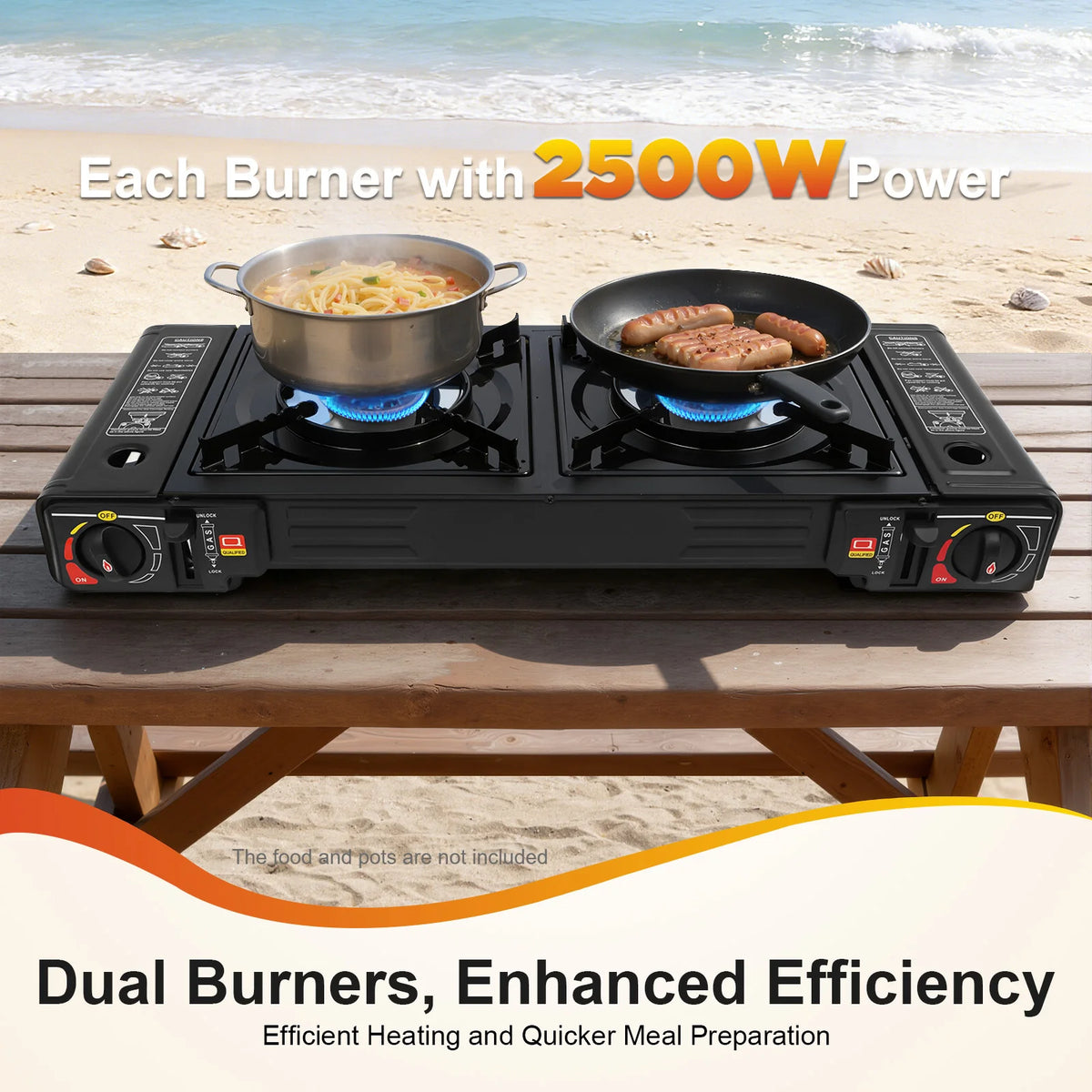 S And B Enterprise 2500W portable camping stove with dual burners, stainless pot and black frying pan on a beach.