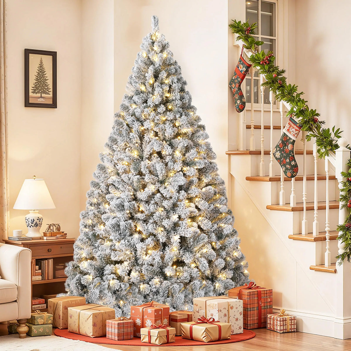 6–7.5 ft flocked artificial Christmas tree with warm white LEDs, hinged divisions, metal stand from S And B Enterprise
