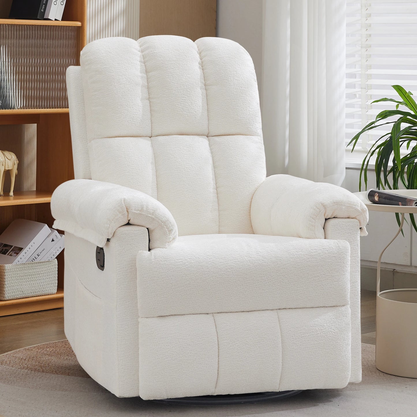 Korser swivel rocker recliner chair in cream chenille fabric.