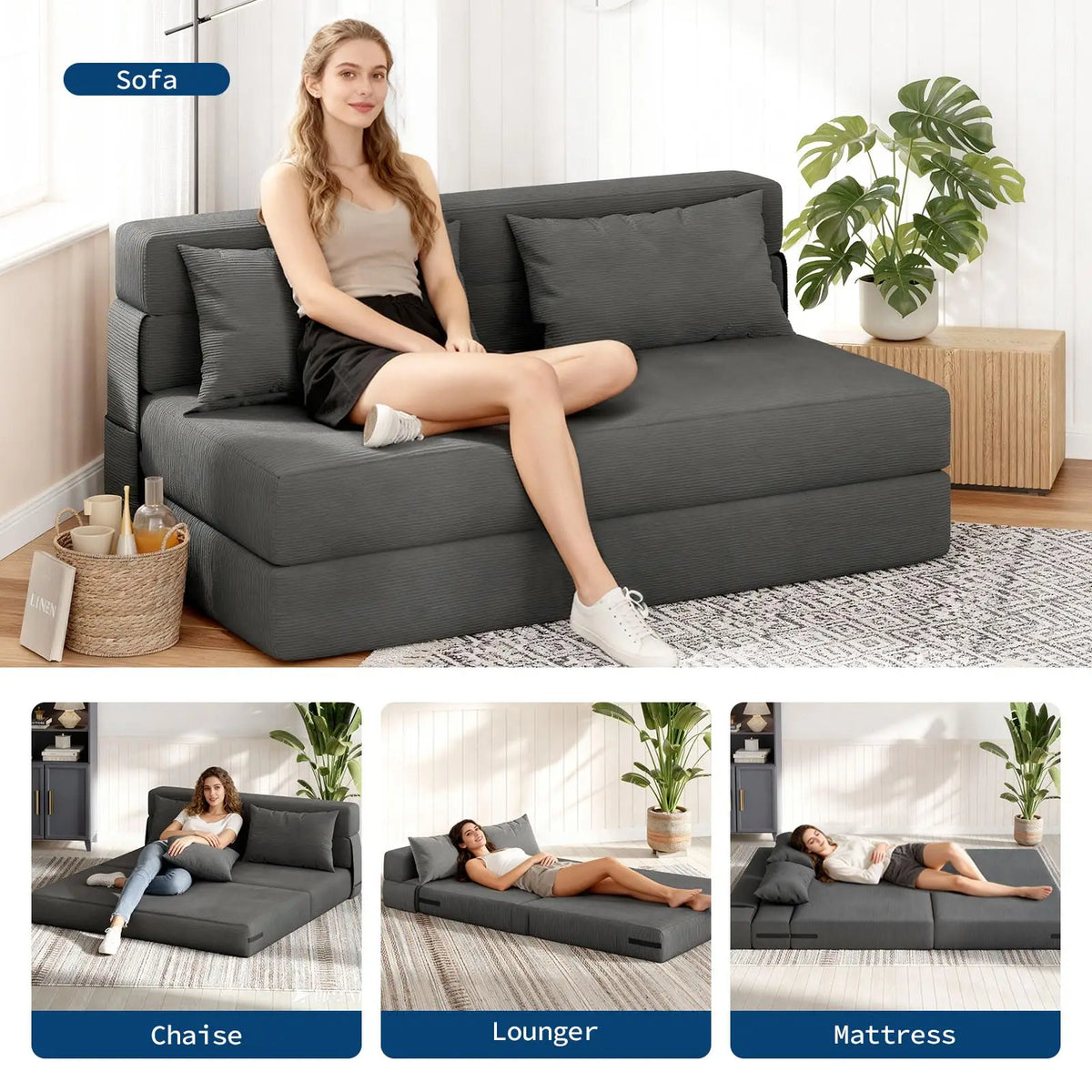 4-in-1 folding sofa bed in dark gray corduroy with pillows; space-saving sleeper for living room