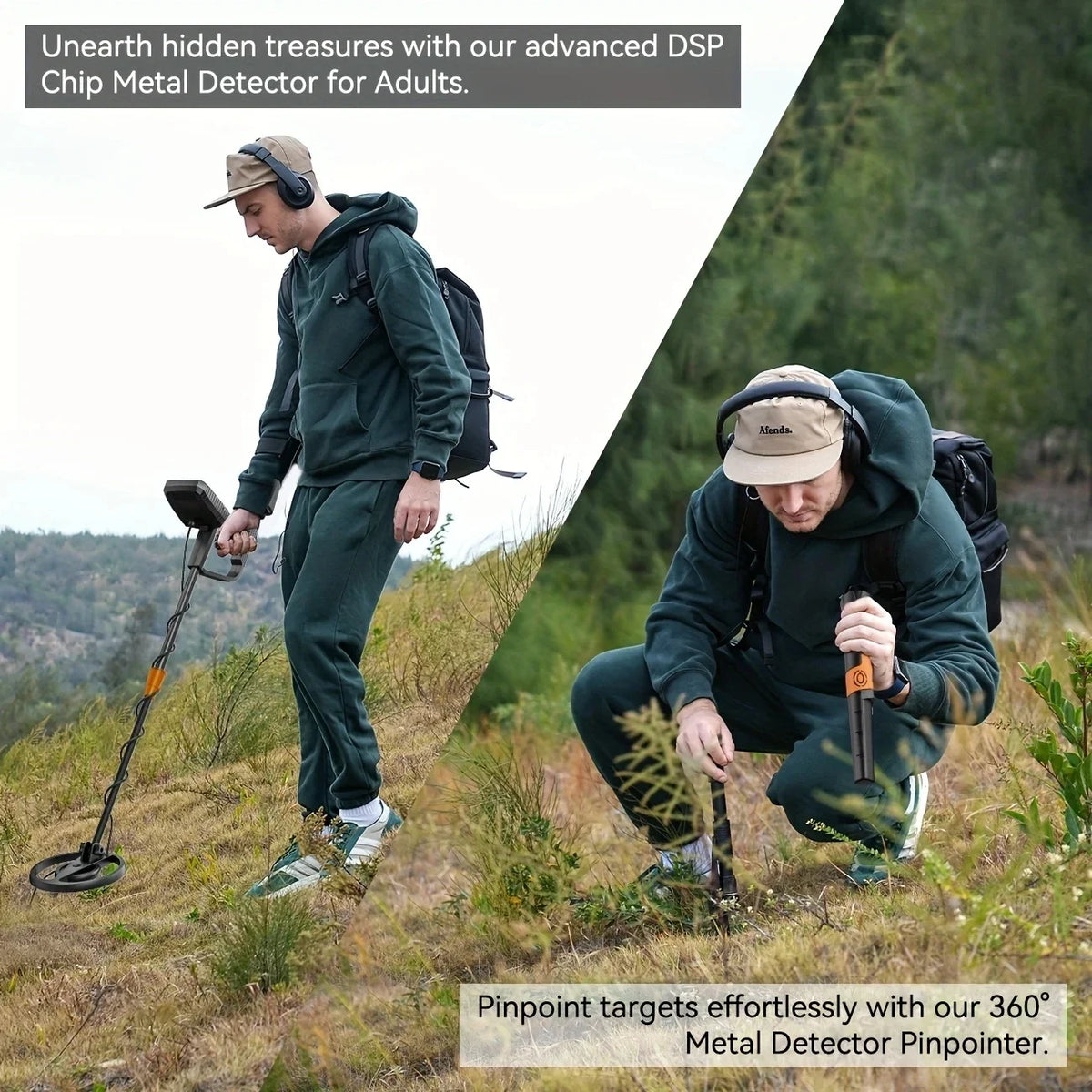 SUNPOW metal detector kit with pinpointer and 8-inch IP68 waterproof coil used by two adults in a grassy field.