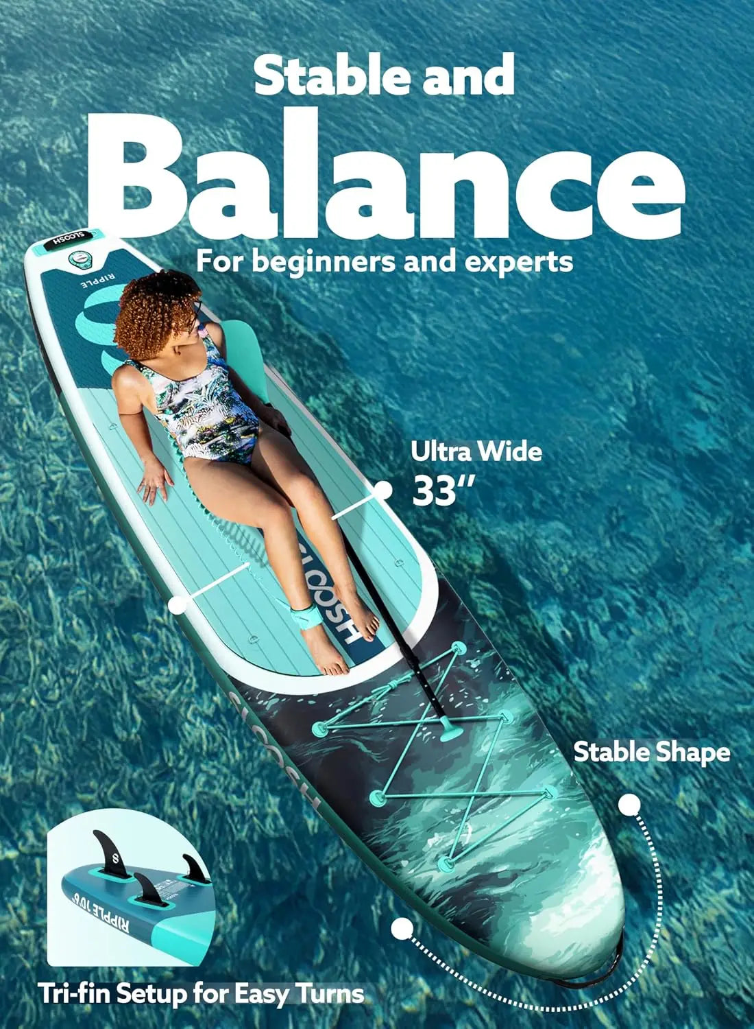 Inflatable stand-up paddle board by S And B Enterprise with non-slip EVA deck, turquoise board.