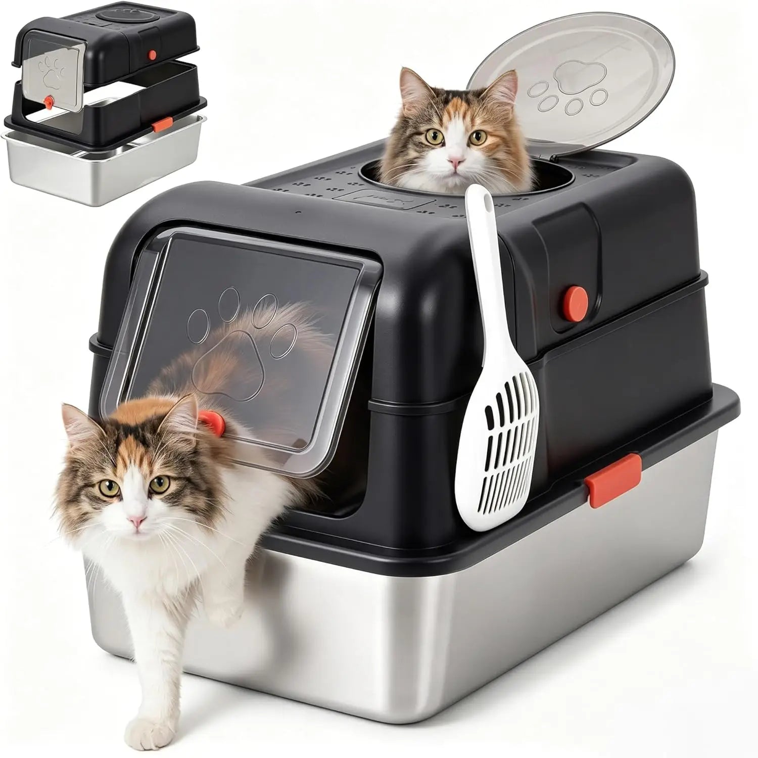 Enclosed Stainless Steel Litter Box With Lid Dog Proof XL Metal Litter Pan High Sided Anti Leak Front Entry Top Exit For Big Cats Includes Scoop For Multi Cat Home by S And B Enterprise
