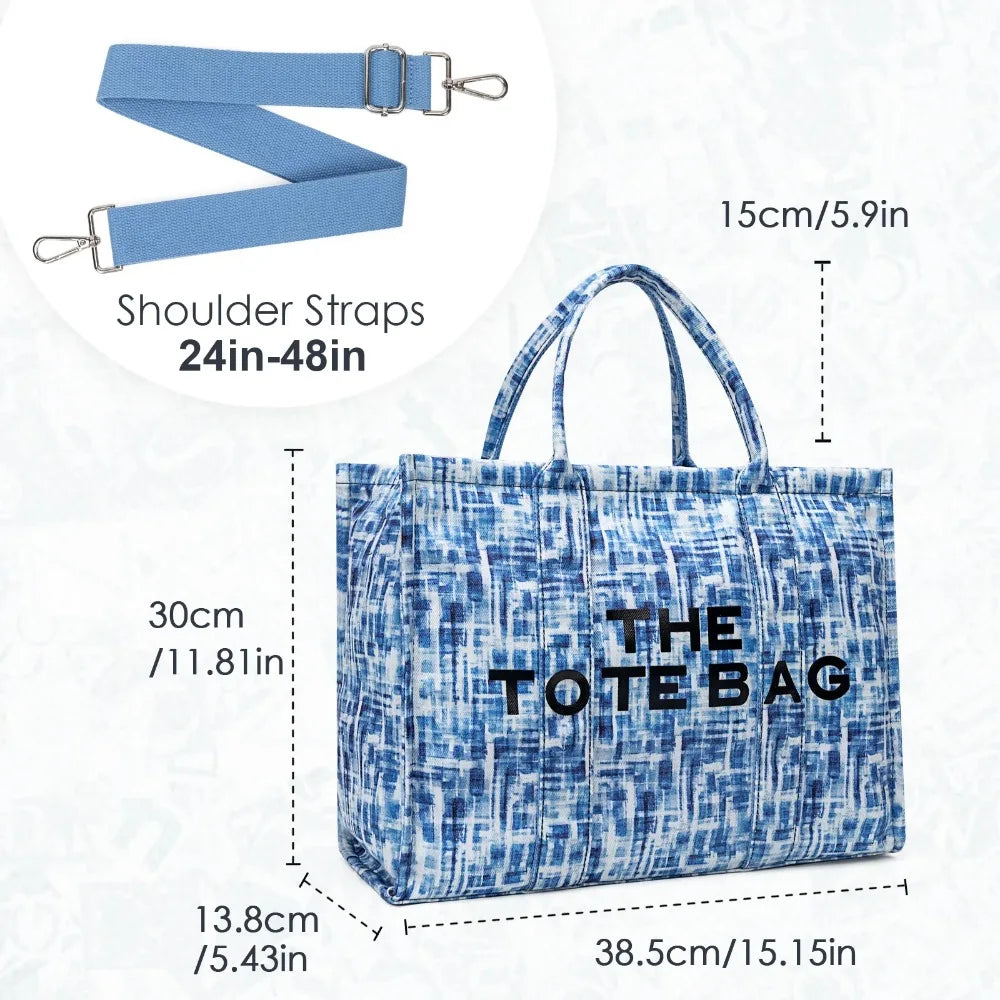 Denim canvas tote bag for women by S And B Enterprise, blue patterned tote with two handles and large capacity