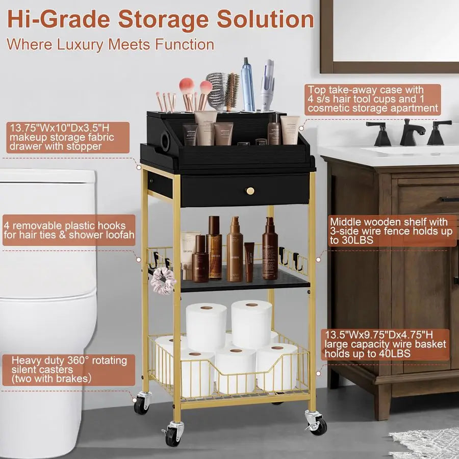 Makeup Organizer Cart With Hair Tool Holder And Drawer