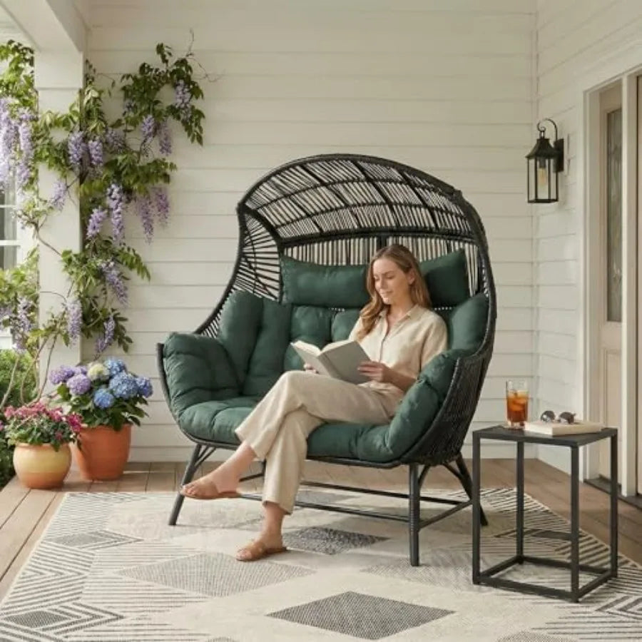 2 Person Egg Chair Indoor Outdoor Steel Frame Cushioned Headrests