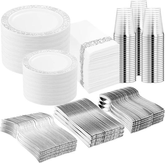 LIYH 700 Pcs Silver Plastic Disposable Dinnerware Set for 100 Guests - Includes Plates, Cups, Napkins and Cutlery Elegant White by S And B Enterprise