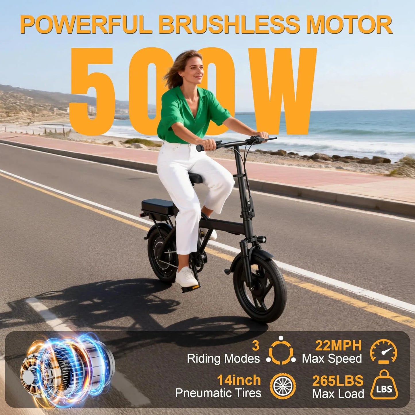 14'' Foldable Electric Bike 500W Motor 48V Battery 22MPH Max Speed 30Miles Long Range with Two Seats for Adult Mini E Bike by S And B Enterprise