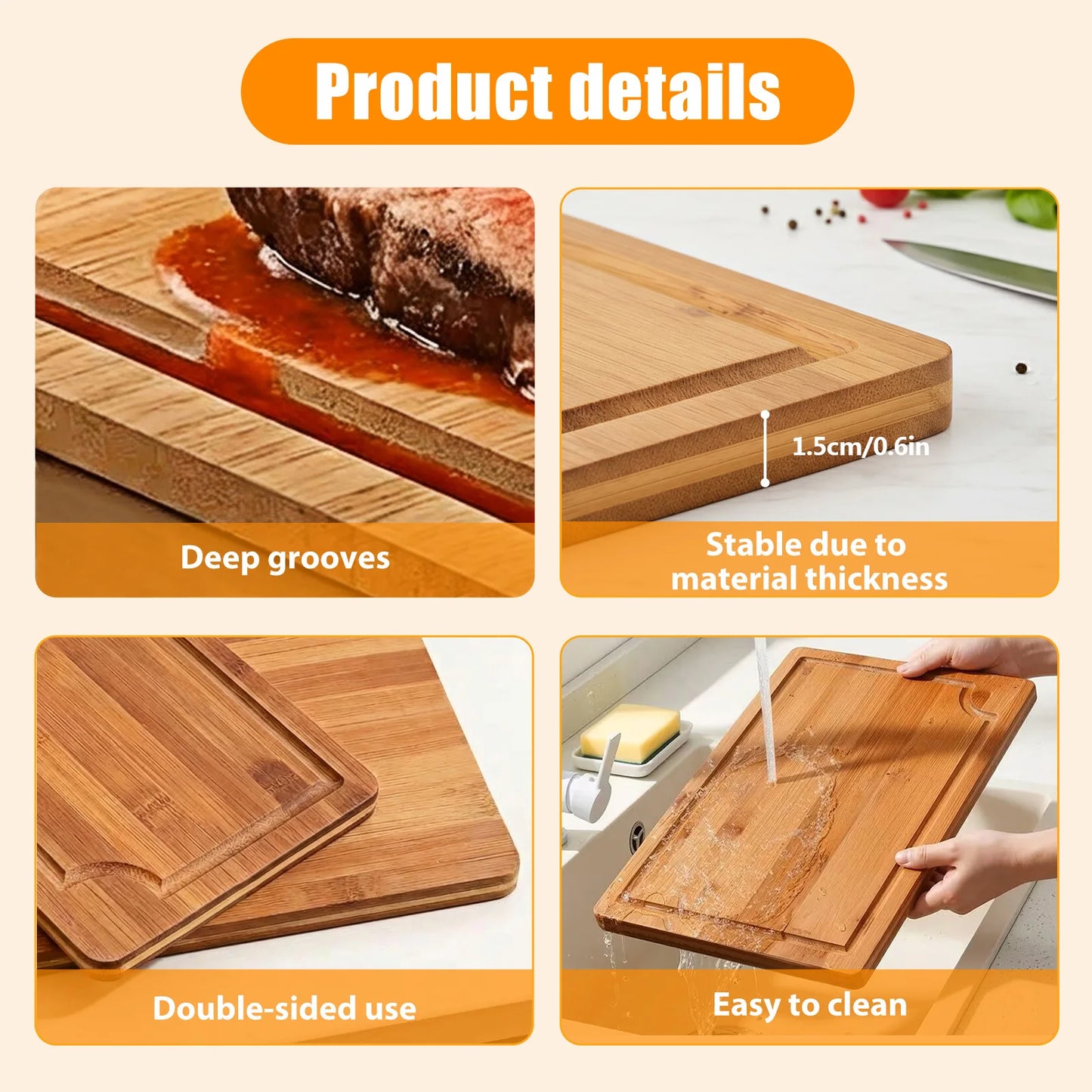 Bamboo Cutting Boards 3-Piece Set (S/M/L) with Juice Grooves & Non-Slip Handles, Durable Chopping Boards & Serving Trays by S And B Enterprise