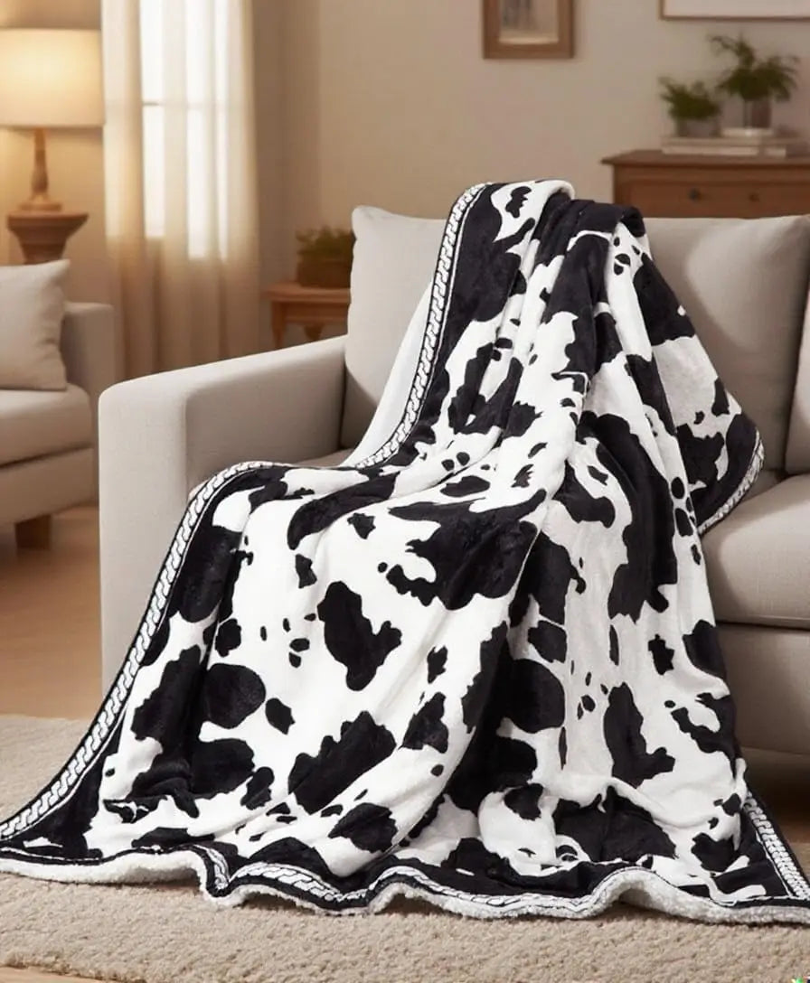 Heated electric blanket with black-and-white cow print draped over a sofa in a living room.