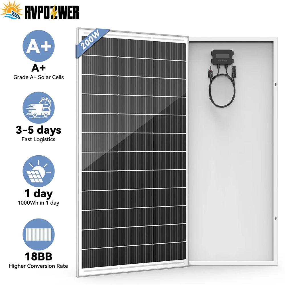 RVPOZWER rigid solar panel with A+ grade 18BB N-Type mono cells, 200W
