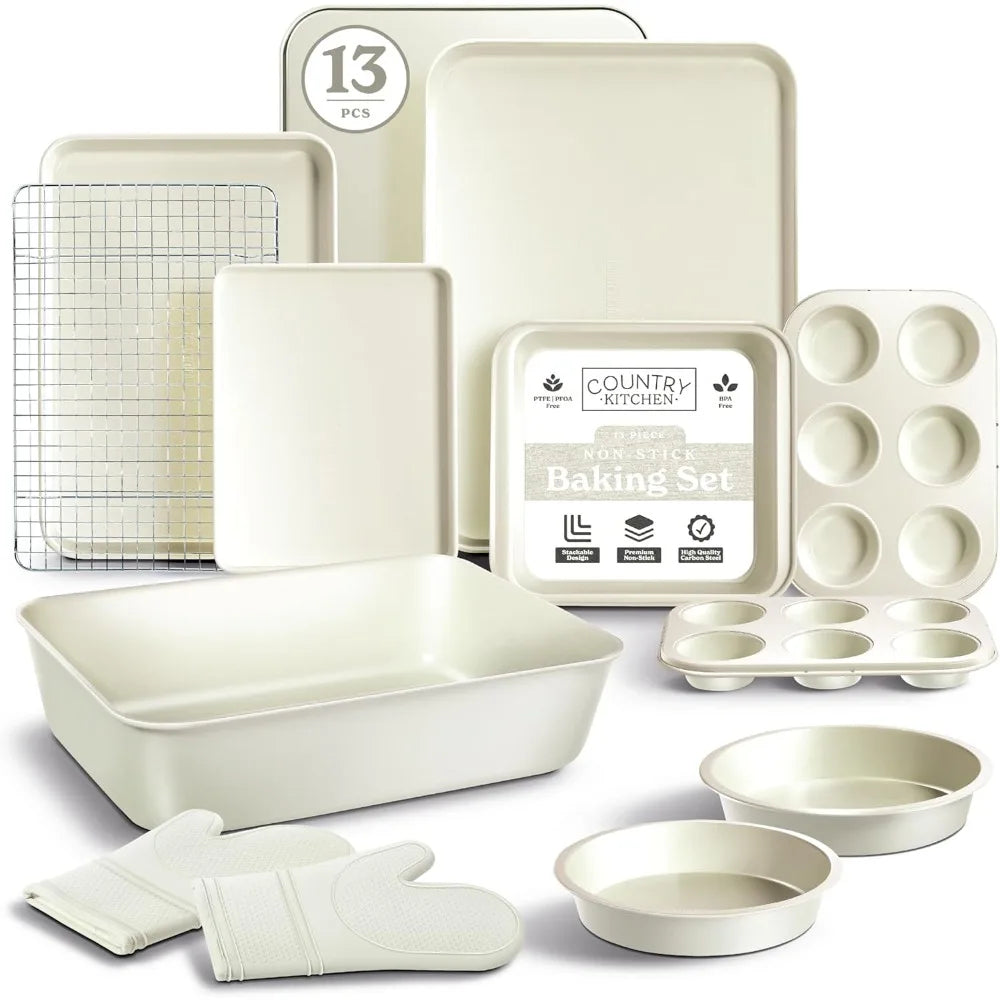 Nonstick bakeware set, cream, 13 pieces, stackable, heavy-duty, by Country Kitchen.