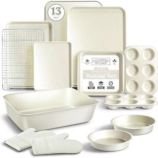 Nonstick bakeware set, cream, 13 pieces, stackable, heavy-duty, by Country Kitchen.