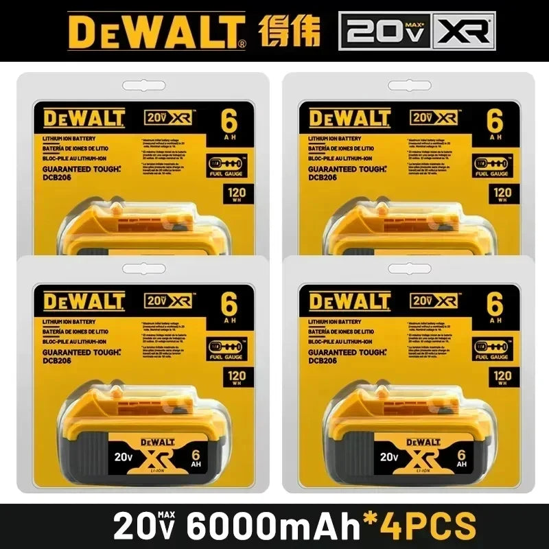 DeWalt 20V XR 6Ah lithium-ion battery four-pack in yellow and black packaging