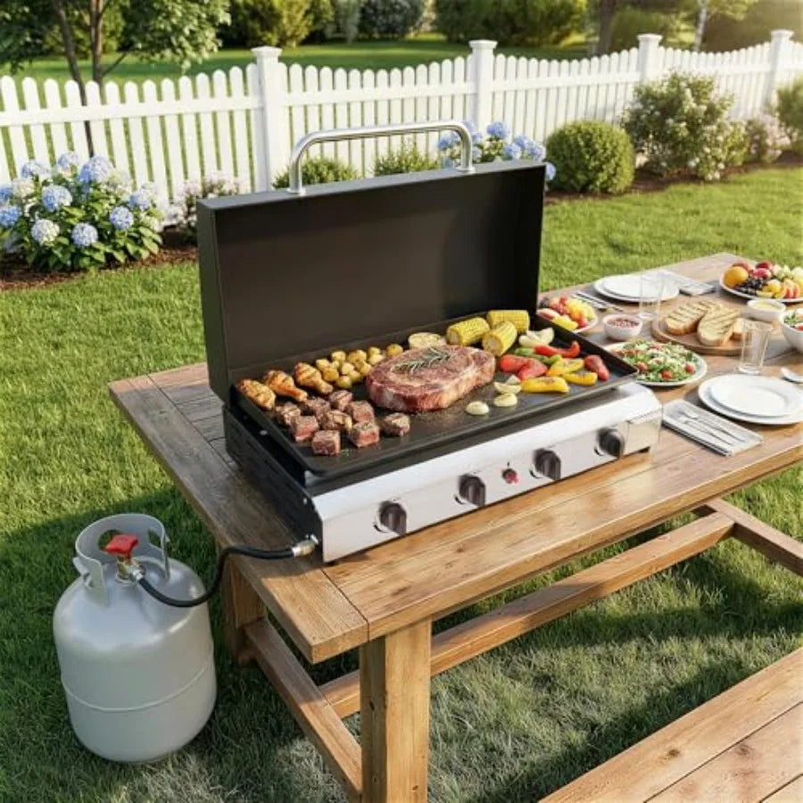 Portable Gas Griddle With Lid, 4-Burner Tabletop Grill