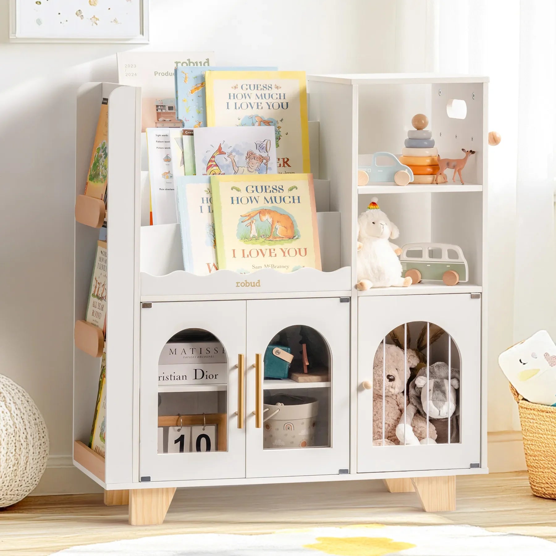 Robotime Robud Kids Wooden Bookshelf All-in-1 Kids Toy Storage Organizer 6 Cubby Bookcases Toy Chest Finish Space-Saving Caramel by S And B Enterprise