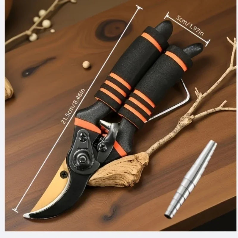 Pruning shears by S And B Enterprise, heavy-duty carbon steel blade, black/orange ergonomic handles