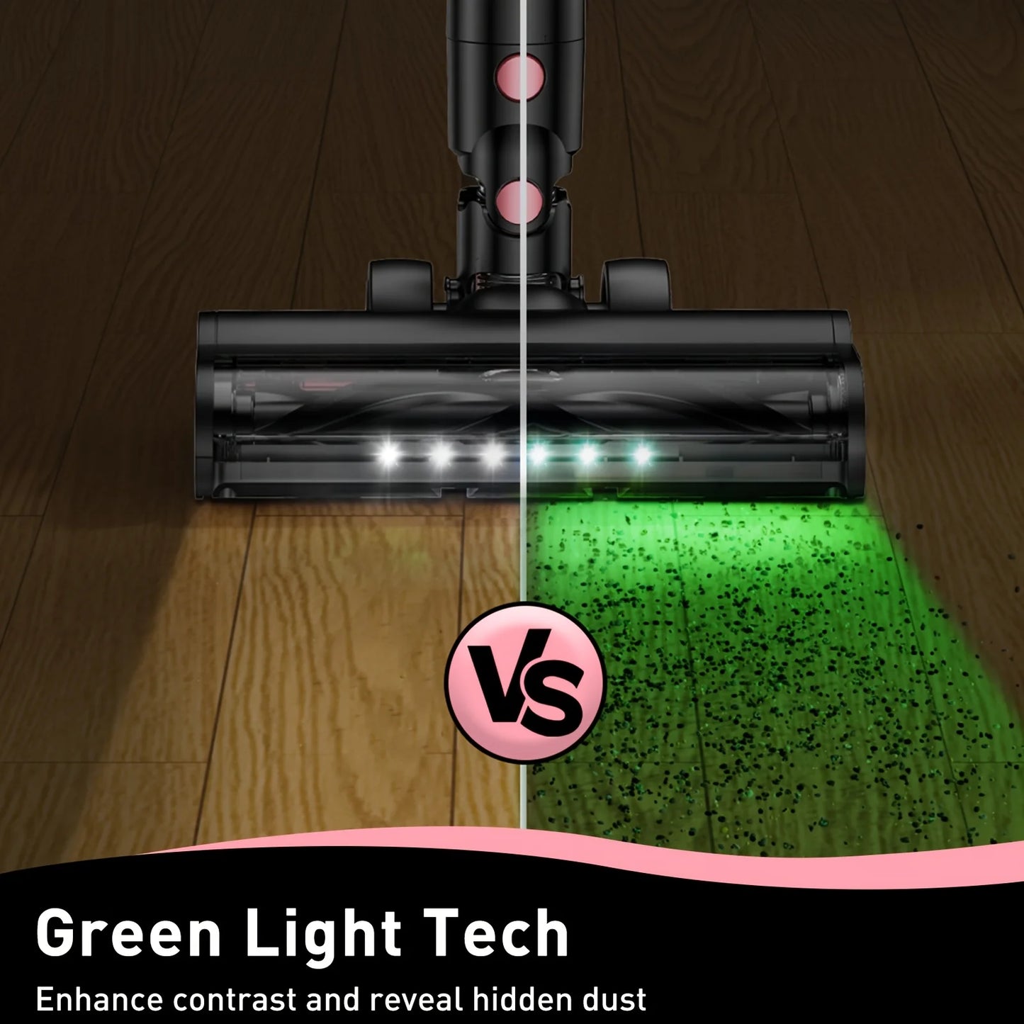 Cordless vacuum cleaner, pink body with green LED light on floor head and anti-tangle brush