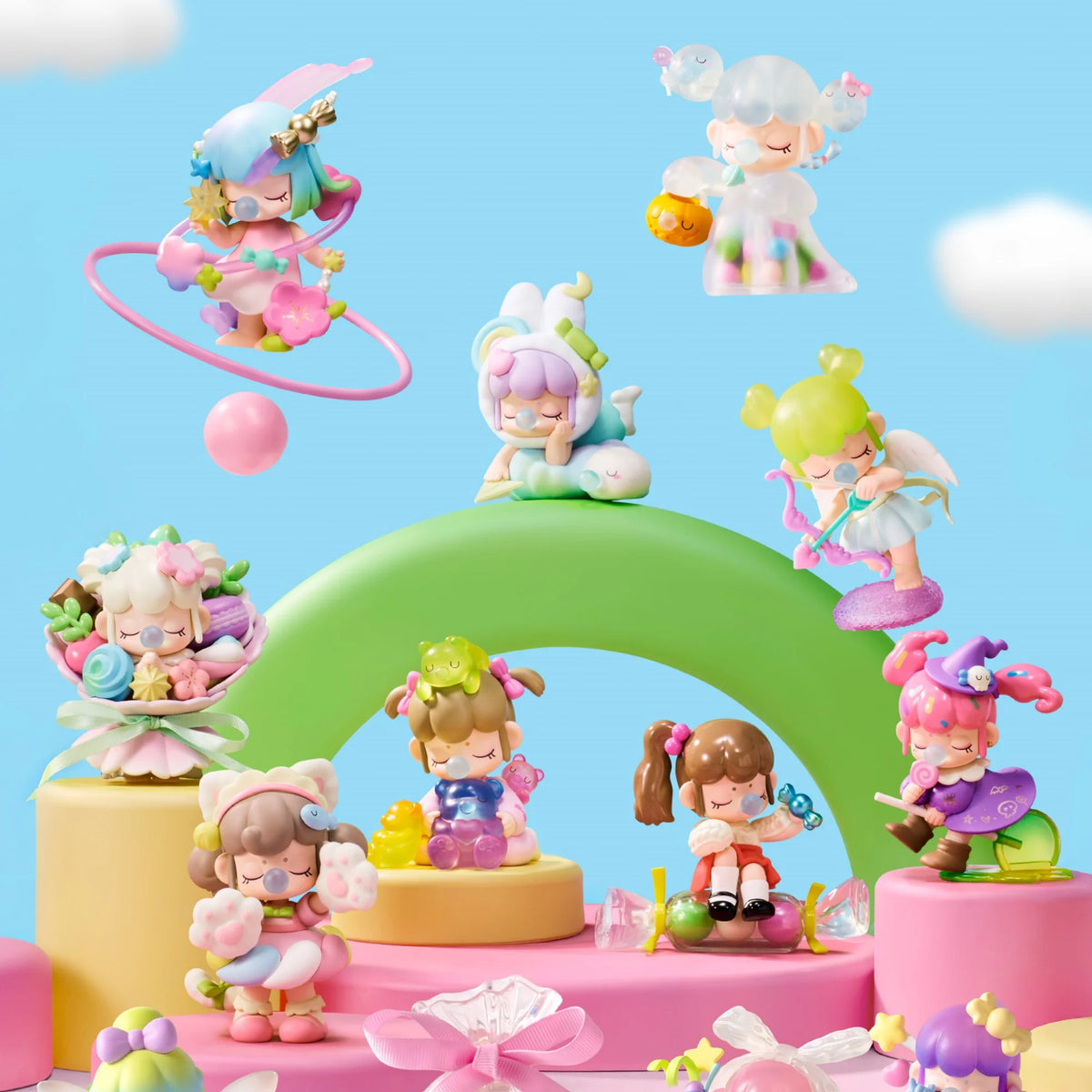 Rolife Nanci blind box collectible dolls in pastel candy colors displayed against a blue sky backdrop