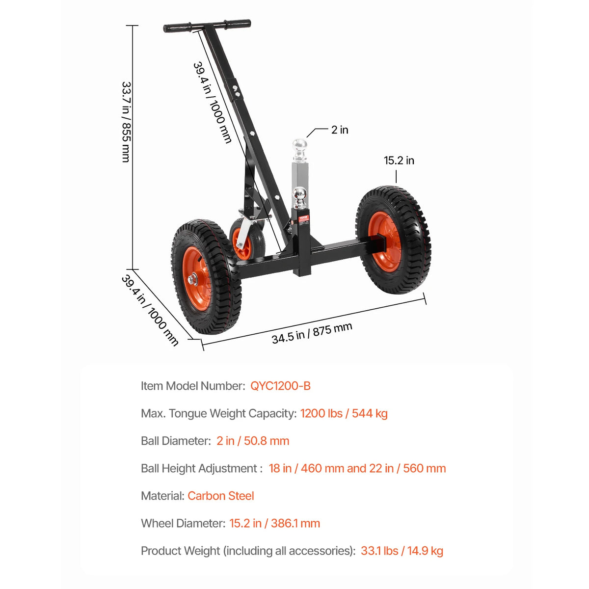 Tongue trailer dolly, carbon steel frame, 1000/1200 lb capacity, orange wheels, adjustable height 16.7–22 in