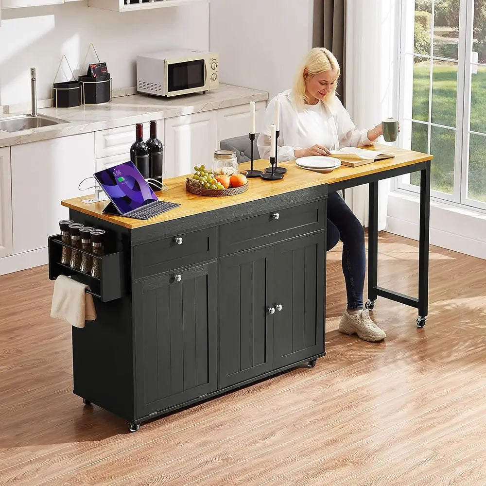 Expandable Kitchen Island With Extendable Dining Table And Storage