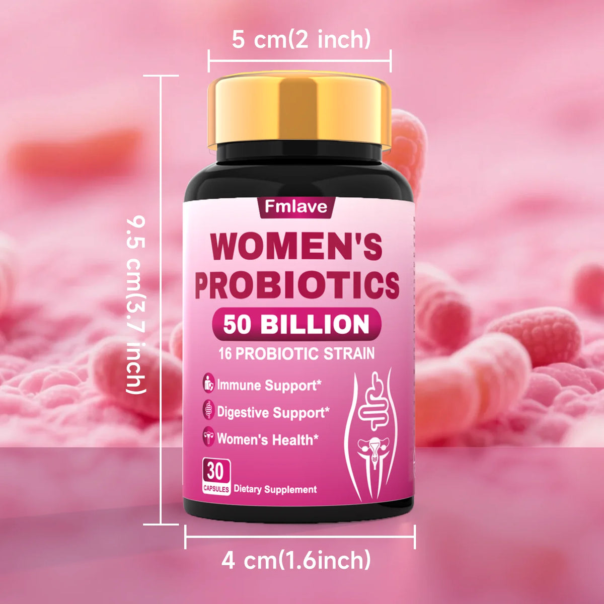 Fmlave Women's Probiotics bottle with pink label showing 50 Billion CFU, 16 probiotic strains, 30 capsules