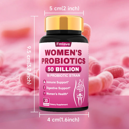 Fmlave Women's Probiotics bottle with pink label showing 50 Billion CFU, 16 probiotic strains, 30 capsules