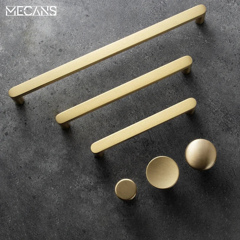Solid brass cabinet pulls and round knobs set; three long pulls and three round knobs