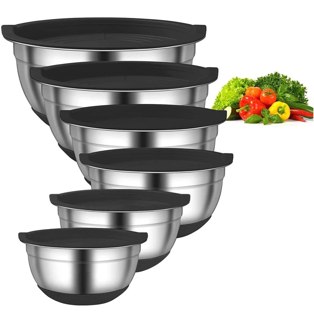LMETJMA 6 Pcs Stainless Steel Mixing Bowls with Black Lids Kitchen Nesting Salad Mixing Bowl With Non-slip Silicone Bottom JT327 by S And B Enterprise