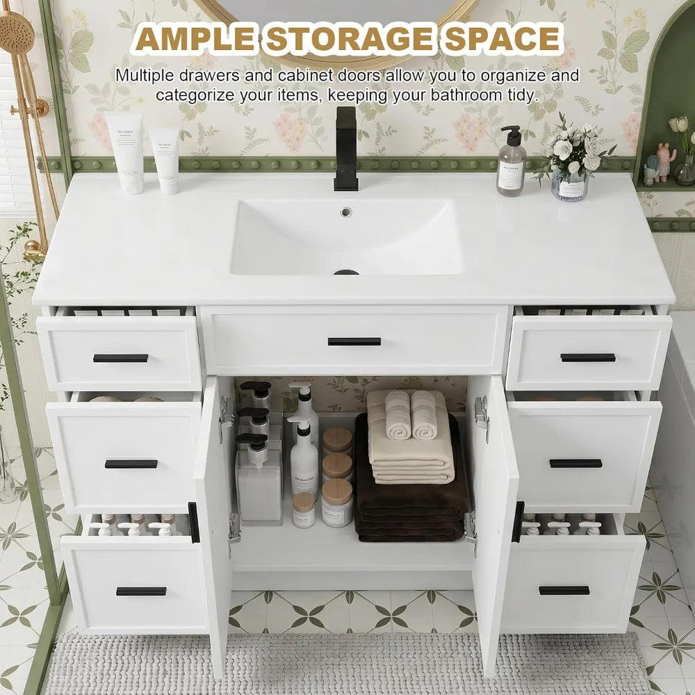 48" Bathroom Vanity with Sink, Farmhouse Cabinet, 2 Soft Close Doors & 6 Drawers, White by S And B Enterprise