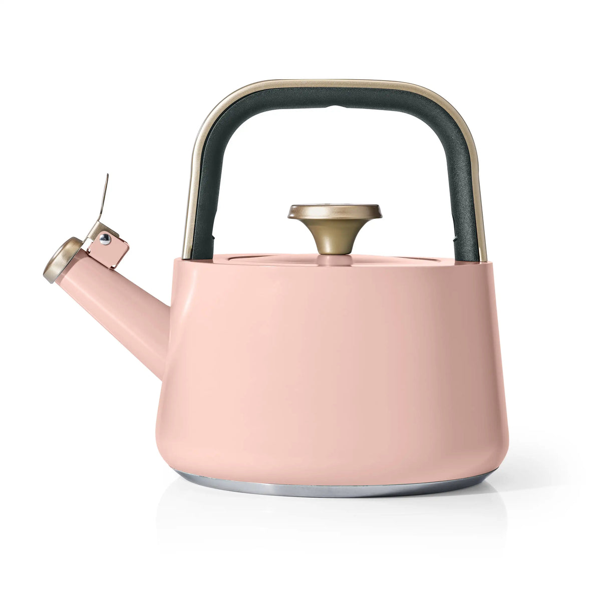 Pink ceramic stovetop tea kettle with black curved handle and gold trim.