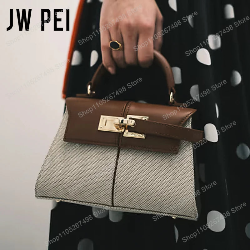 JW PEI Elise Classic trapezoid top-handle bag; brown leather flap, beige woven body, gold hardware