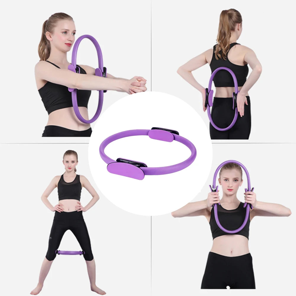 Pilates ring with non-slip handles, purple, for core workouts.