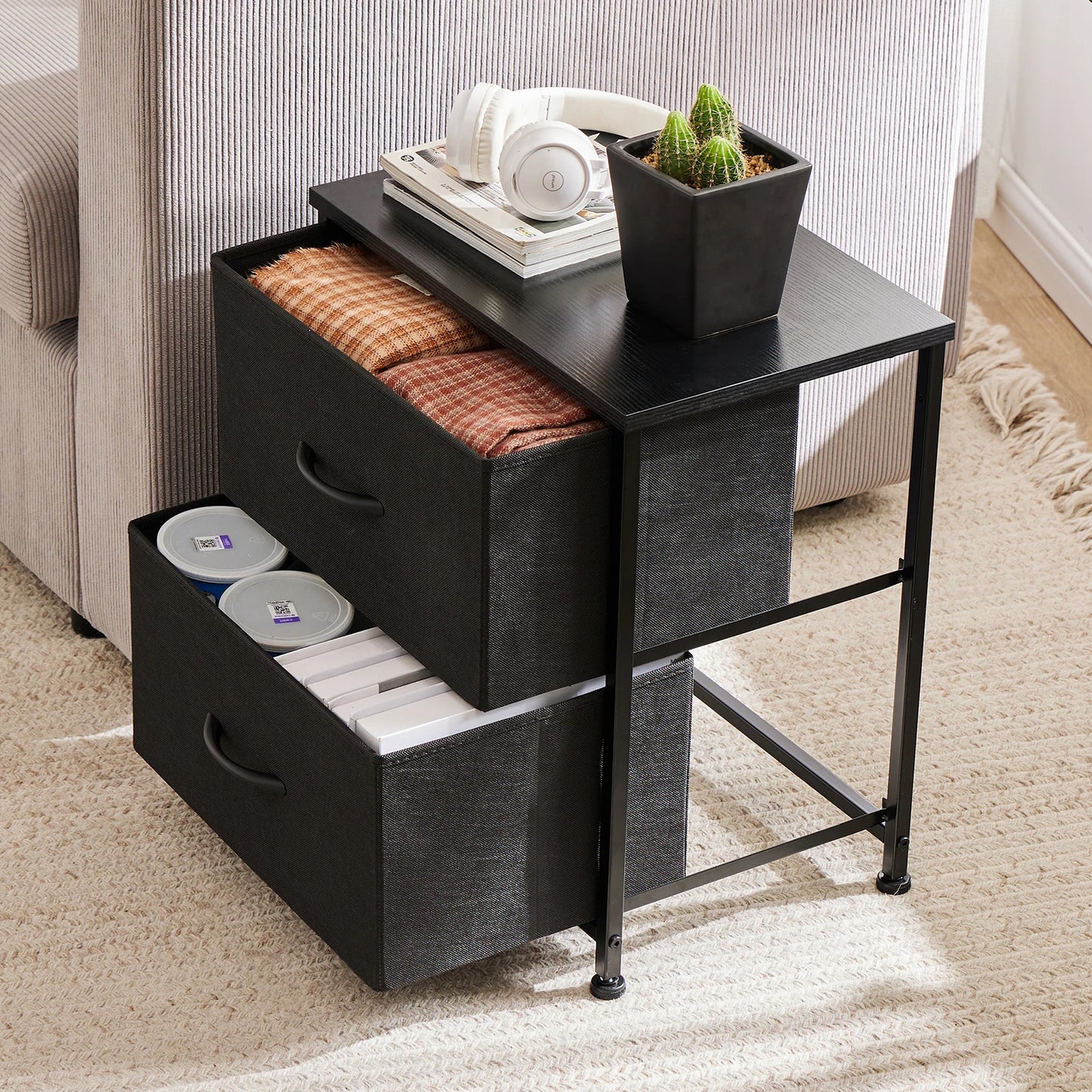 JHK Nightstand Bedside Table With Fabric Drawers And Storage