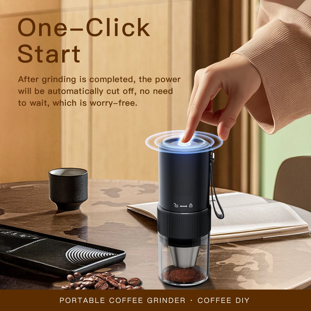 Black portable electric coffee grinder with adjustable coarseness, auto-stop and reusable stainless steel filter