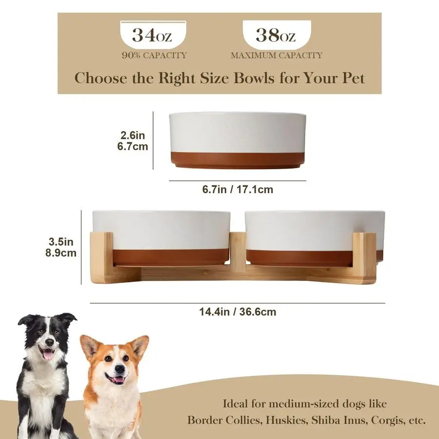 Ceramic Dog Bowls Set With Wood Stand Non Slip Base