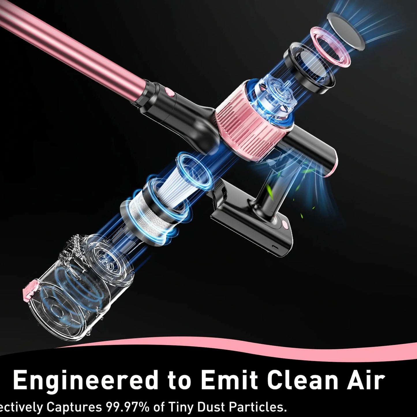 Cordless stick vacuum cleaner in pink with transparent dustbin and blue-lit internal filters